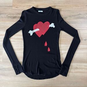 Lauren Moshi Black Long Sleeve Fitted Thermal Heart Graphic Size Small Designer